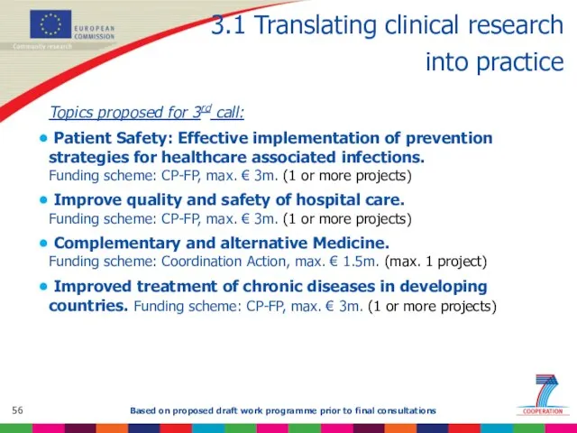 3.1 Translating clinical research into practice Topics proposed for 3rd call: Patient