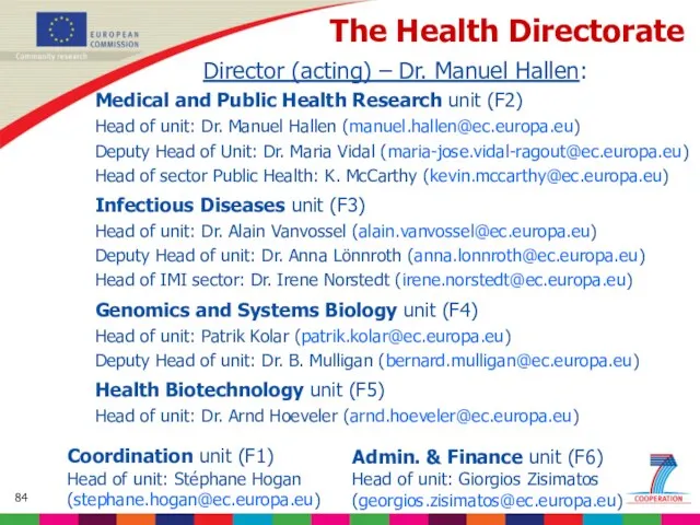 The Health Directorate Director (acting) – Dr. Manuel Hallen: Medical and Public
