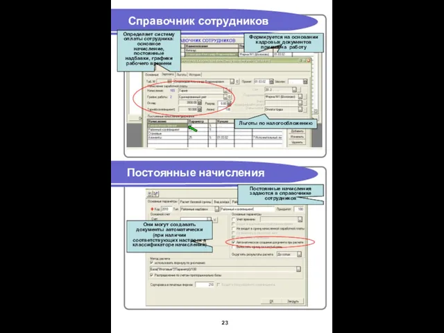 Справочник сотрудников Постоянные начисления Формируется на основании кадровых документов приема на работу