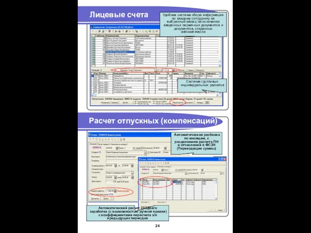 Лицевые счета Расчет отпускных (компенсаций) Удобная система сбора информации по каждому сотруднику