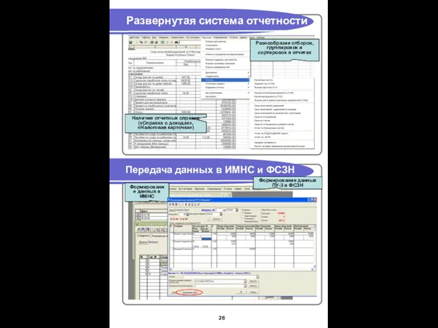 Развернутая система отчетности Передача данных в ИМНС и ФСЗН Наличие отчетных справок