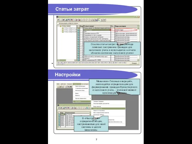 Статьи затрат Настройки Ссылка статьи затрат на вид расхода помогает построению проводок