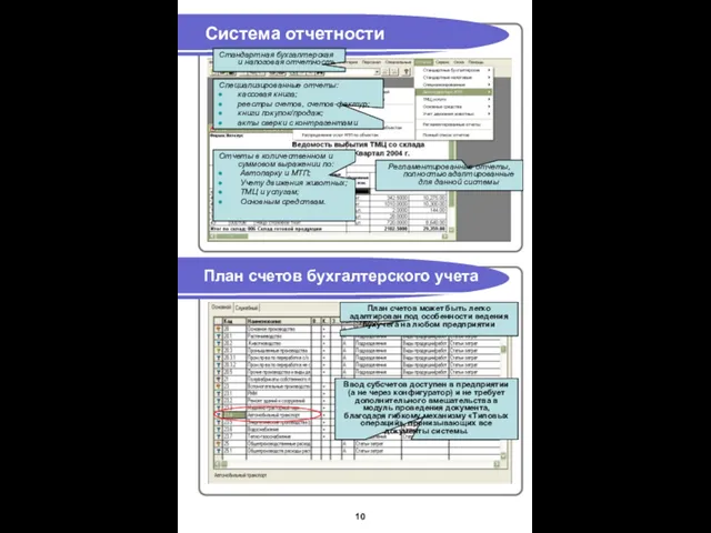 Система отчетности План счетов бухгалтерского учета Стандартная бухгалтерская и налоговая отчетность Специализированные