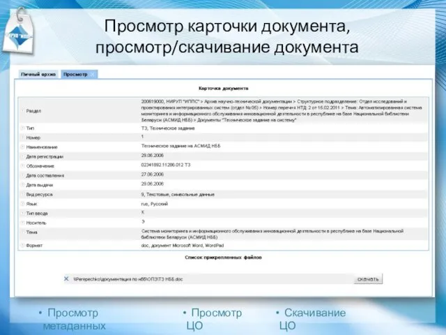 Просмотр карточки документа, просмотр/скачивание документа Просмотр метаданных Просмотр ЦО Скачивание ЦО