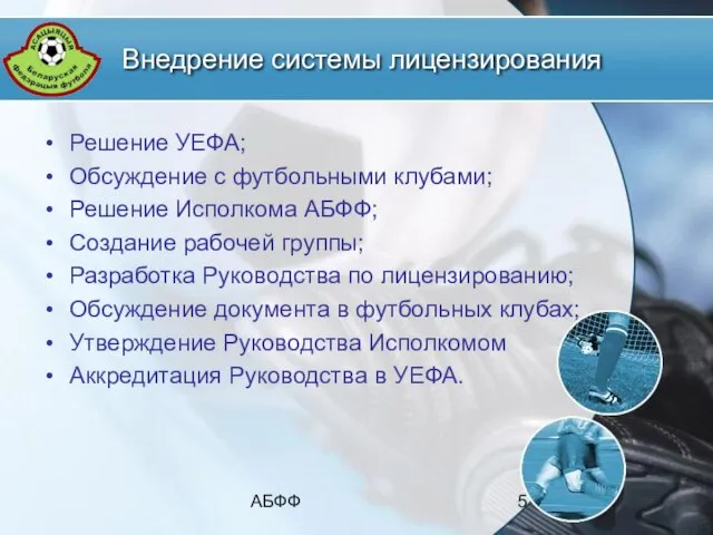 АБФФ Внедрение системы лицензирования Решение УЕФА; Обсуждение с футбольными клубами; Решение Исполкома