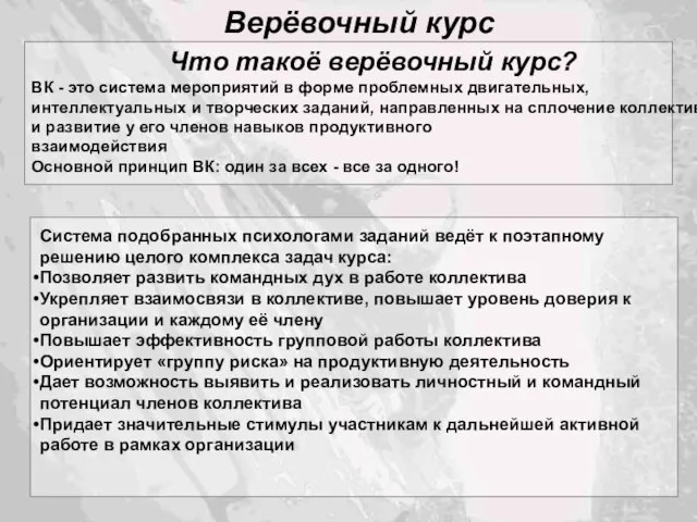 Верёвочный курс Что такоё верёвочный курс? ВК - это система мероприятий в