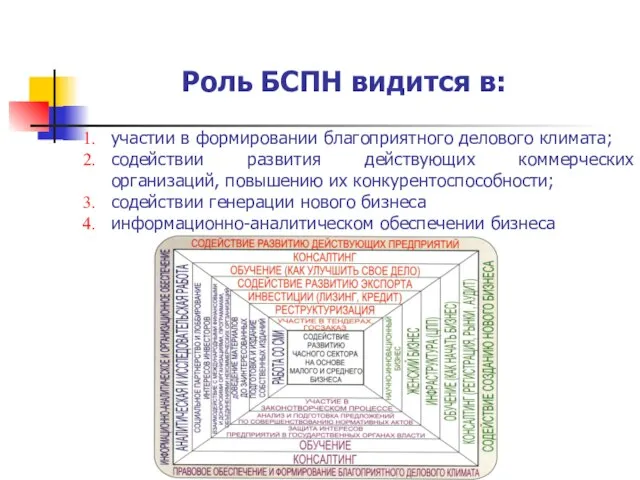 Роль БСПН видится в: участии в формировании благоприятного делового климата; содействии развития