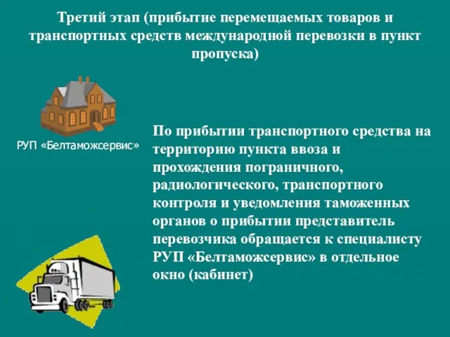 Третий этап (прибытие перемещаемых товаров и транспортных средств международной перевозки в пункт