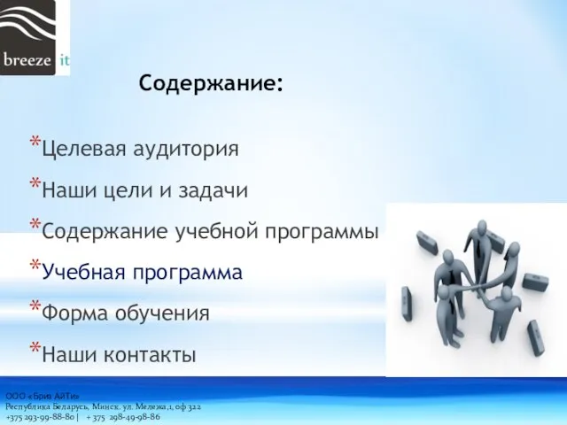 Содержание: Целевая аудитория Наши цели и задачи Содержание учебной программы Учебная программа