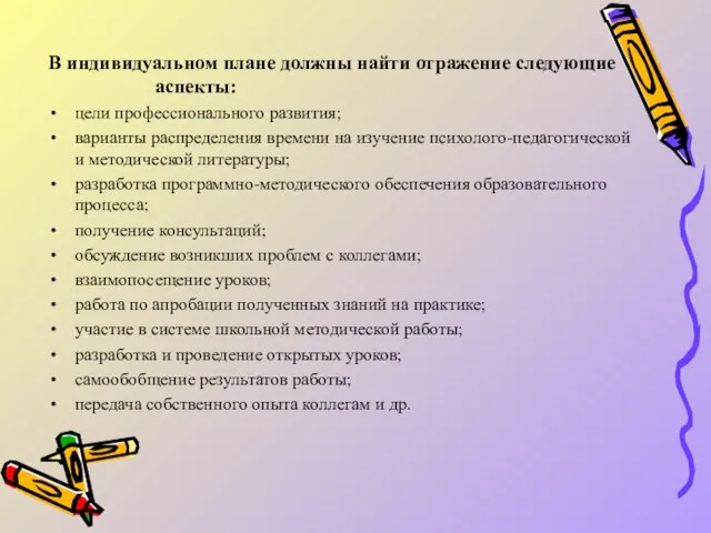 В индивидуальном плане должны найти отражение следующие аспекты: цели профессионального развития; варианты