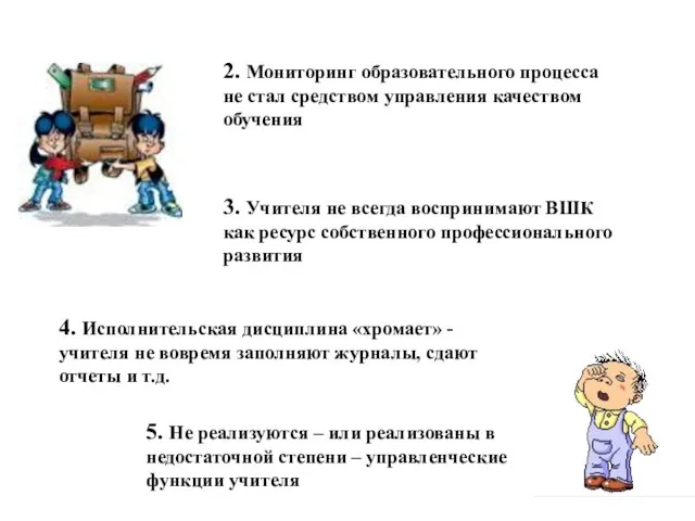 2. Мониторинг образовательного процесса не стал средством управления качеством обучения 3. Учителя