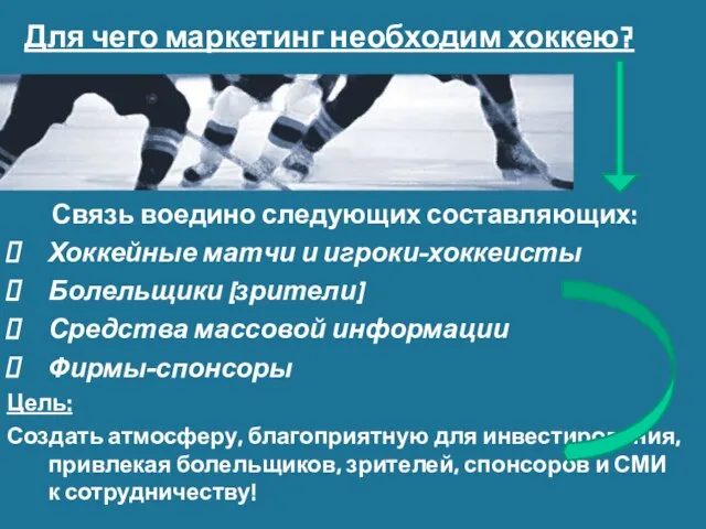 Для чего маркетинг необходим хоккею? Связь воедино следующих составляющих: Хоккейные матчи и