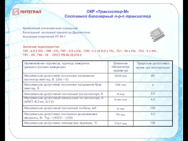 ОКР «Транзистор-М» Cоставной биполярный n-p-n транзистор Значения характеристик: 7И1 - 0,5 х