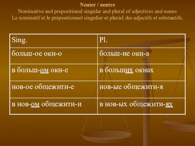 Neuter / neutre Nominative and prepositional singular and plural of adjectives and