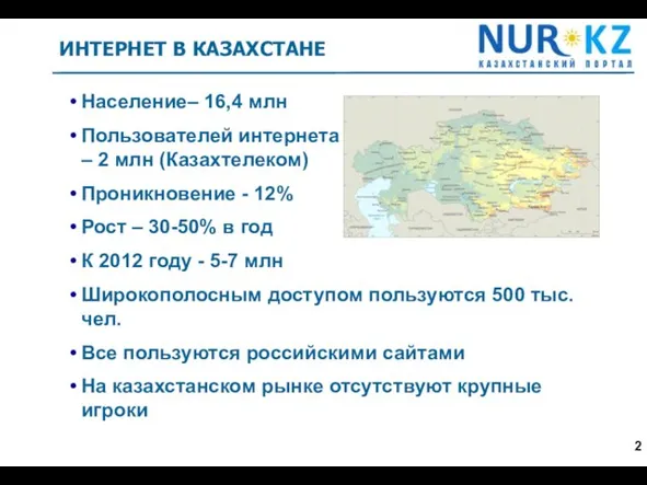 Население– 16,4 млн Пользователей интернета – 2 млн (Казахтелеком) Проникновение - 12%