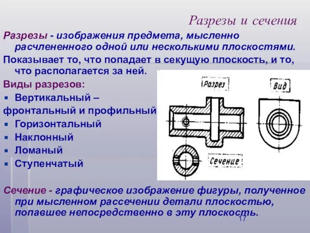 Разрезы и сечения Разрезы - изображения предмета, мысленно расчлененного одной или несколькими