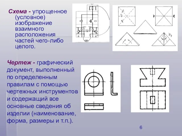 Схема - упрощенное (условное) изображение взаимного расположения частей чего-либо целого. Чертеж -