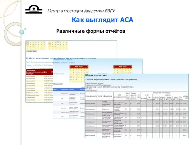 Центр аттестации Академии ВЭГУ Как выглядит АСА Различные формы отчётов