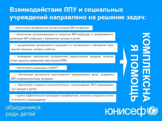 Взаимодействие ЛПУ и социальных учреждений направлено на решение задач: КОМПЛЕКСНАЯ ПОМОЩЬ