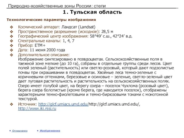 Природно-хозяйственные зоны России: степи 1. Тульская область Космический аппарат: Ландсат (Landsat) Пространственное