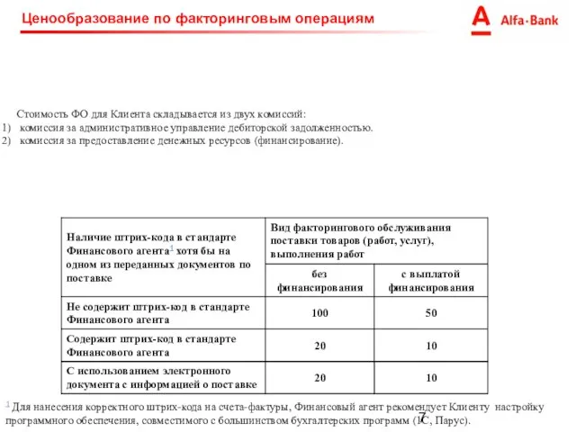 Ценообразование по факторинговым операциям Стоимость ФО для Клиента складывается из двух комиссий: