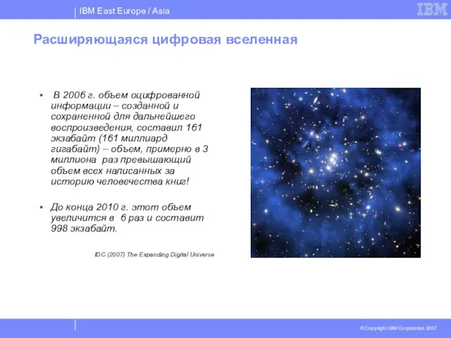 Расширяющаяся цифровая вселенная В 2006 г. объем оцифрованной информации – созданной и