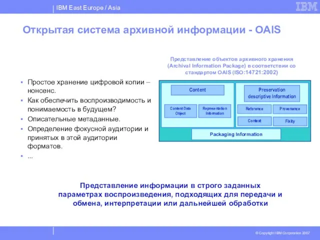 Открытая система архивной информации - OAIS Простое хранение цифровой копии – нонсенс.