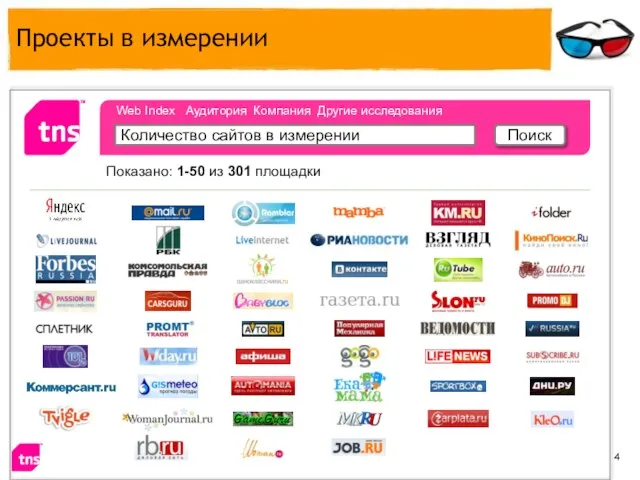 Проекты в измерении Количество сайтов в измерении Поиск Web Index Аудитория Компания