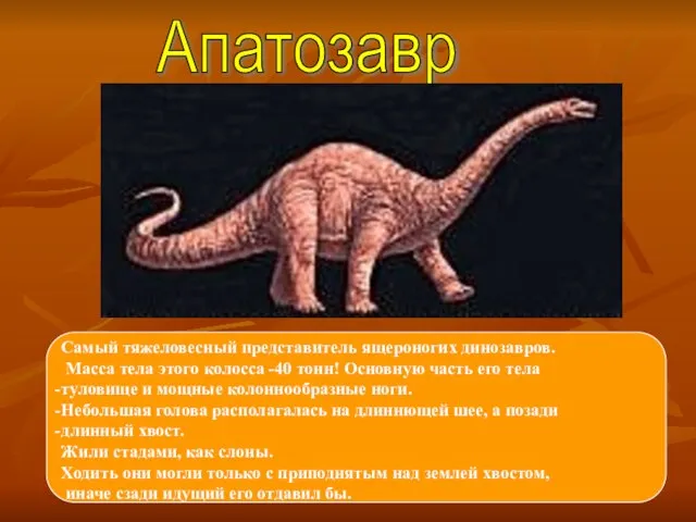 Самый тяжеловесный представитель ящероногих динозавров. Масса тела этого колосса -40 тонн! Основную