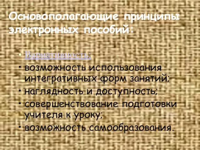 Основополагающие принципы электронных пособий: Вариативность; возможность использования интегративных форм занятий; наглядность и