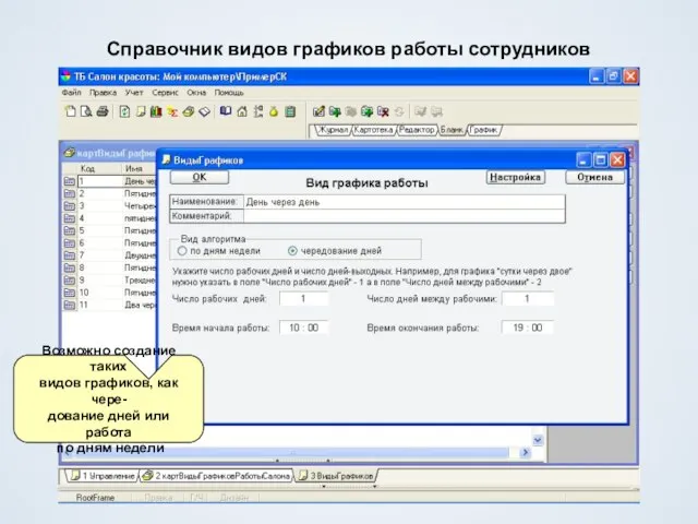 Справочник видов графиков работы сотрудников Возможно создание таких видов графиков, как чере-