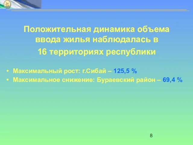 Положительная динамика объема ввода жилья наблюдалась в 16 территориях республики Максимальный рост: