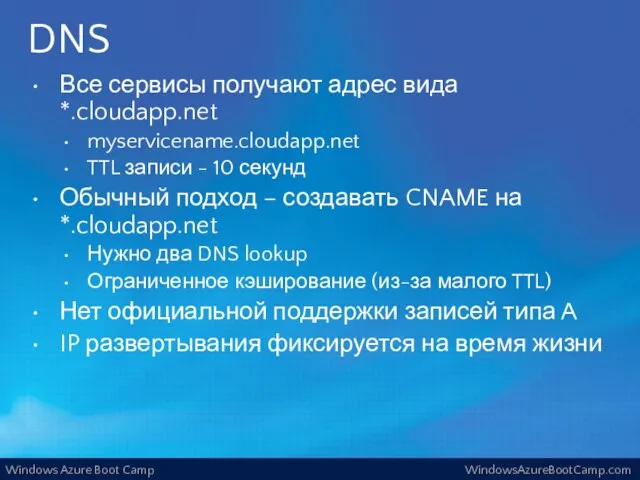 DNS Все сервисы получают адрес вида *.cloudapp.net myservicename.cloudapp.net TTL записи - 10