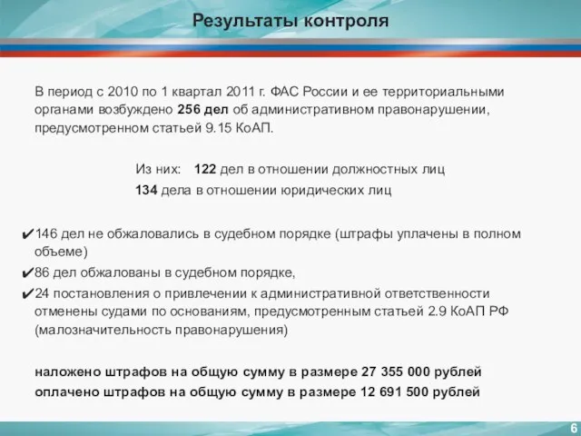 Результаты контроля В период с 2010 по 1 квартал 2011 г. ФАС