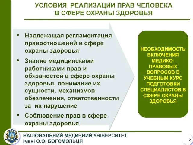 УСЛОВИЯ РЕАЛИЗАЦИИ ПРАВ ЧЕЛОВЕКА В СФЕРЕ ОХРАНЫ ЗДОРОВЬЯ НЕОБХОДИМОСТЬ ВКЛЮЧЕНИЯ МЕДИКО-ПРАВОВЫХ ВОПРОСОВ