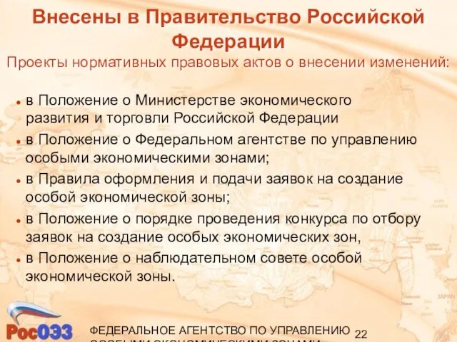 ФЕДЕРАЛЬНОЕ АГЕНТСТВО ПО УПРАВЛЕНИЮ ОСОБЫМИ ЭКОНОМИЧЕСКИМИ ЗОНАМИ Внесены в Правительство Российской Федерации