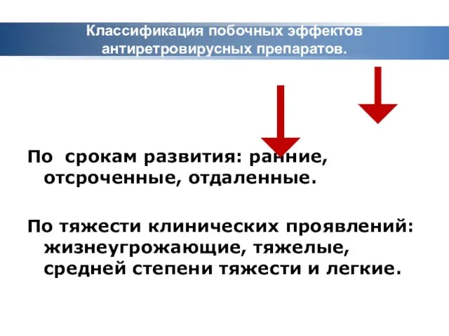 Классификация побочных эффектов антиретровирусных препаратов. По срокам развития: ранние, отсроченные, отдаленные. По