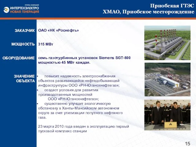 ОАО «НК «Роснефть» 315 МВт семь газотурбинных установок Siemens SGT-800 мощностью 45