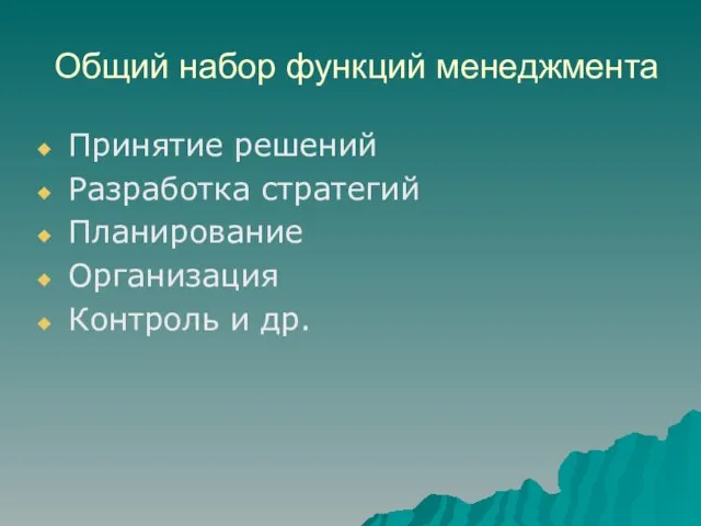 Общий набор функций менеджмента Принятие решений Разработка стратегий Планирование Организация Контроль и др.