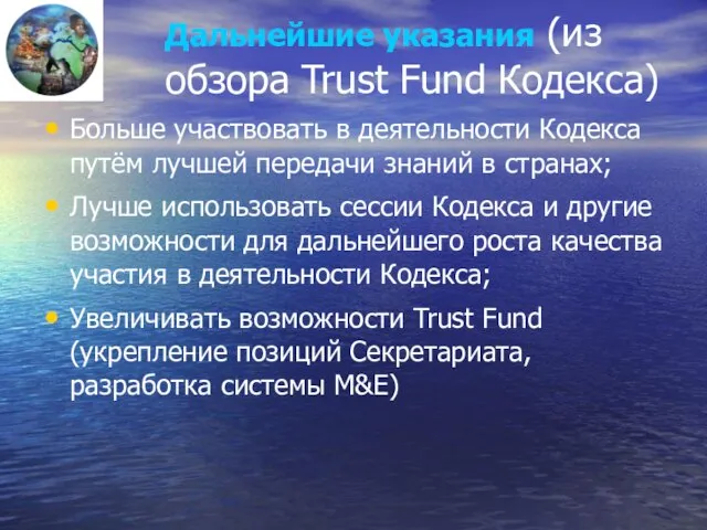 Дальнейшие указания (из обзора Trust Fund Кодекса) Больше участвовать в деятельности Кодекса