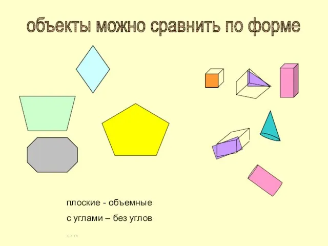 объекты можно сравнить по форме плоские - объемные с углами – без углов ….