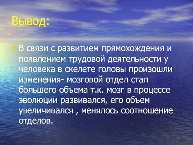 Вывод: В связи с развитием прямохождения и появлением трудовой деятельности у человека