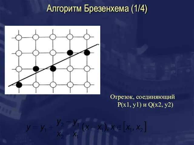 Алгоритм Брезенхема (1/4) Отрезок, соединяющий P(x1, y1) и Q(x2, y2)