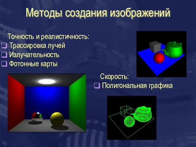 Методы создания изображений Точность и реалистичность: Трассировка лучей Излучательность Фотонные карты Скорость: Полигональная графика