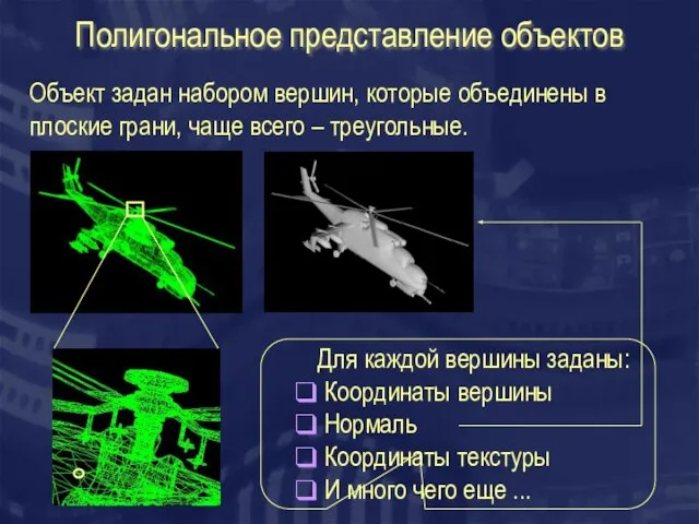 Полигональное представление объектов Для каждой вершины заданы: Координаты вершины Нормаль Координаты текстуры