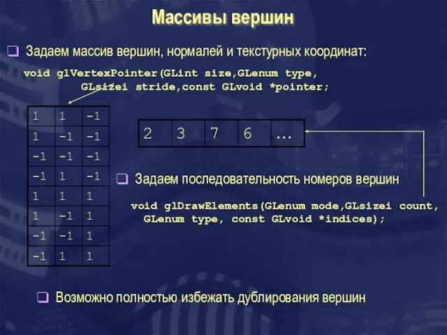 Массивы вершин void glVertexPointer(GLint size,GLenum type, GLsizei stride,const GLvoid *pointer; Задаем массив
