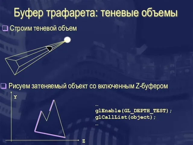 Буфер трафарета: теневые объемы Строим теневой объем Рисуем затеняемый объект со включенным