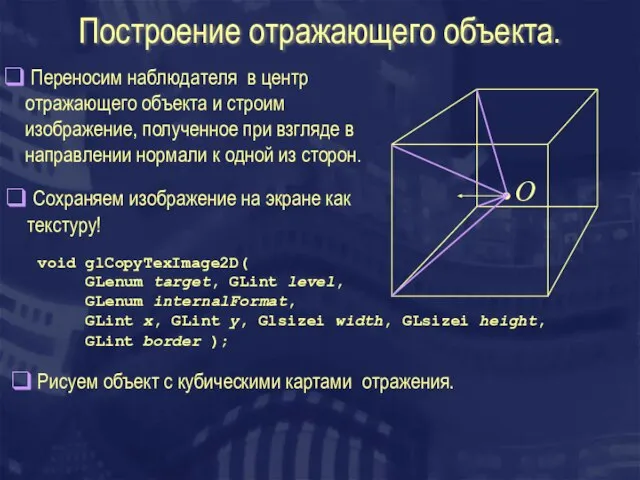 Построение отражающего объекта. O Переносим наблюдателя в центр отражающего объекта и строим