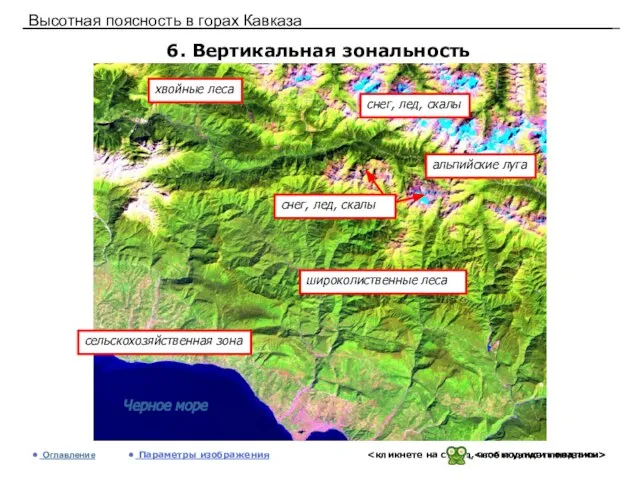 Высотная поясность в горах Кавказа 6. Вертикальная зональность Оглавление Параметры изображения альпийские