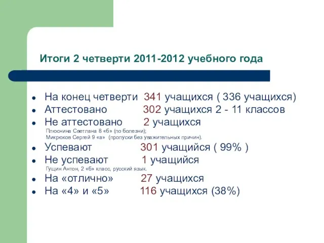 Итоги 2 четверти 2011-2012 учебного года На конец четверти 341 учащихся (